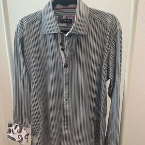 Via Uomo Striped Gray and White Collar Cuff Accent Men's Shirt
